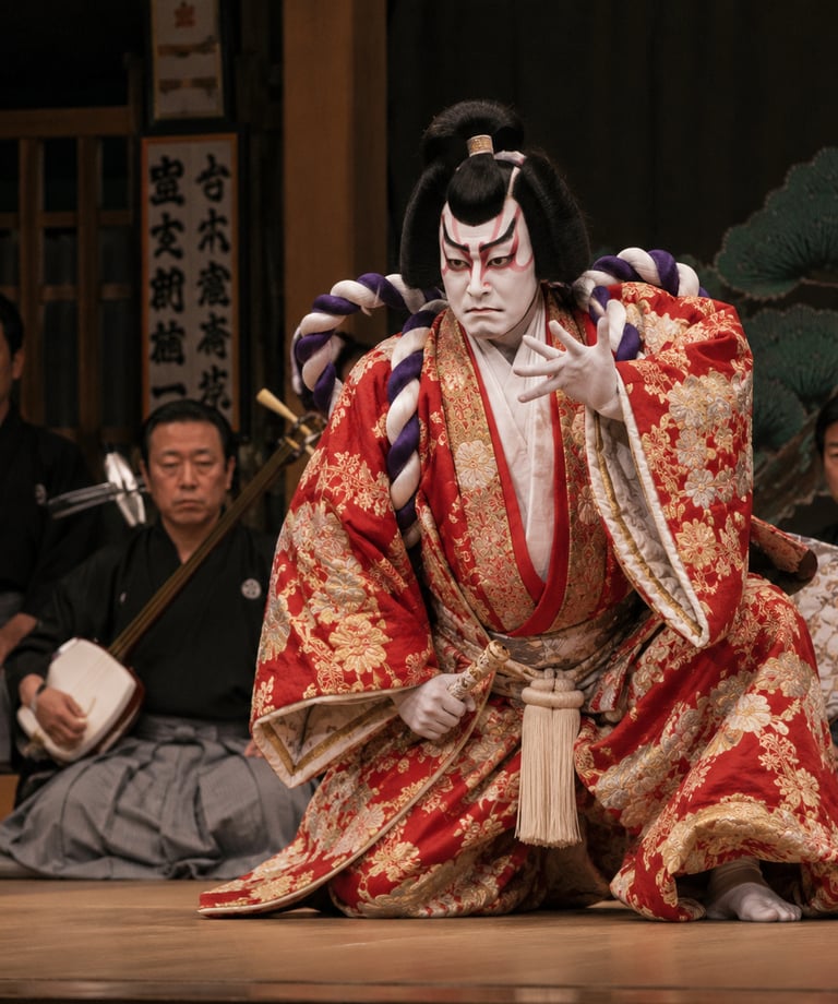 A Kabuki performer in a red floral kimono with dramatic makeup and traditional musicians on a Japanese stage.
