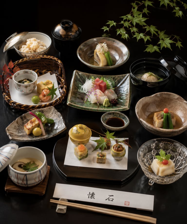 Authentic Japanese Kaiseki multi-course dinner featuring fresh sashimi, miso soup, and seasonal small plates.