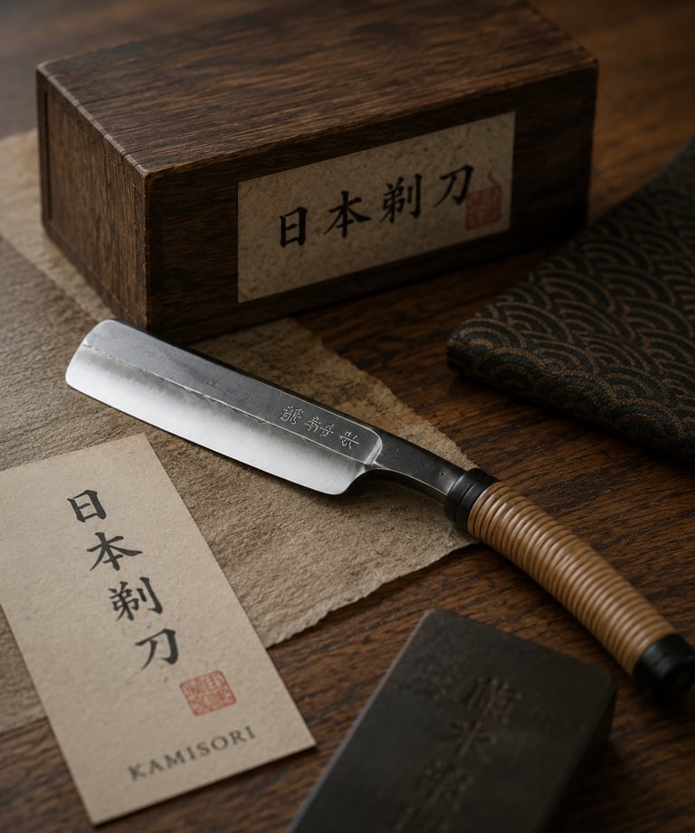 A traditional Japanese Kamisori straight razor with a wrapped handle, displayed with its wooden storage box.