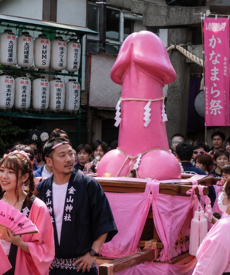 Crowds carry a large pink phallus statue on a shrine during the Kanamara Matsuri festival in Japan.