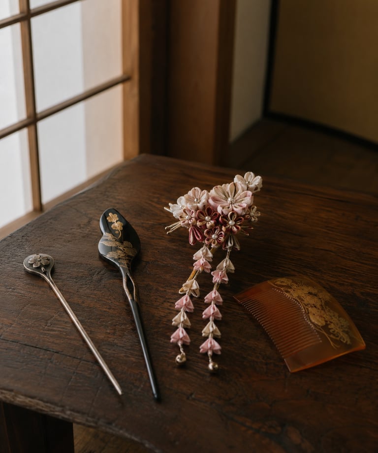 Traditional Japanese tsumami zaiku kanzashi hairpins and a decorative comb on a rustic wooden table.