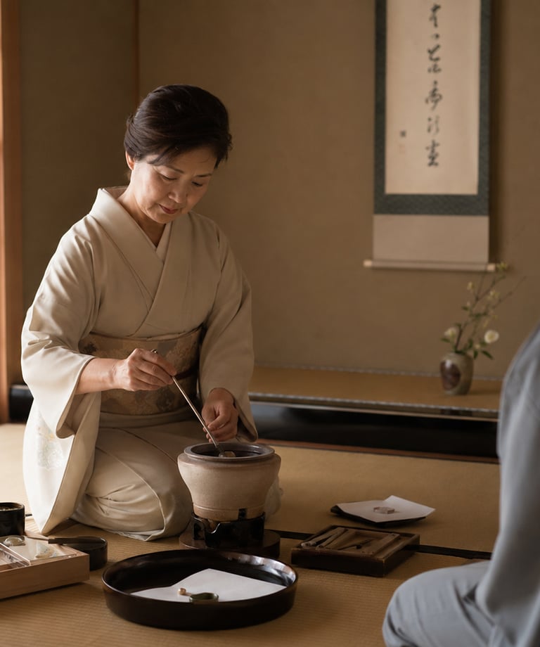 A woman in a traditional silk kimono performs a Japanese tea ceremony on a tatami mat.