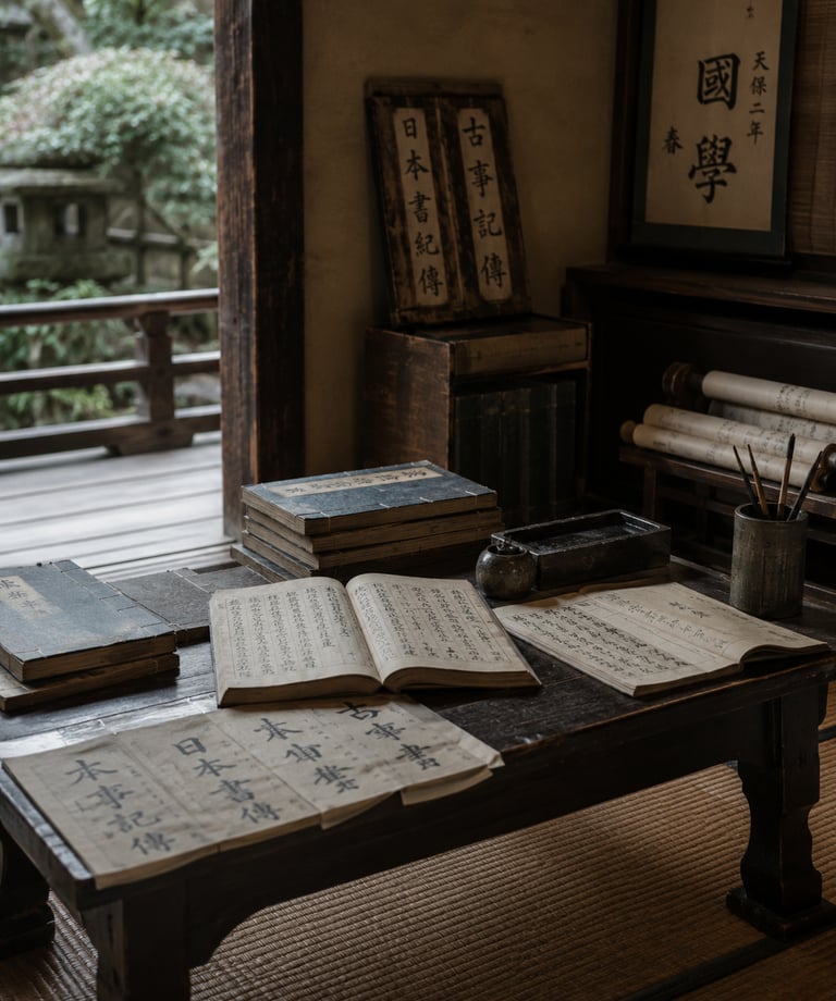 Ancient Japanese scrolls and open calligraphy books on a low wooden table in a traditional tea house room.