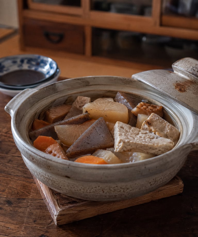 Traditional Japanese oden stew with daikon radish, konjac, and tofu served in a ceramic donabe pot.