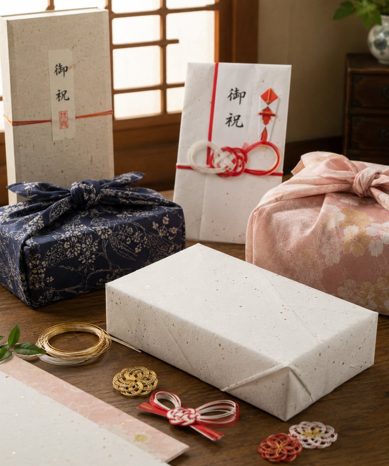 Traditional Japanese gift boxes wrapped in floral furoshiki cloth and washi paper with mizuhiki knots.