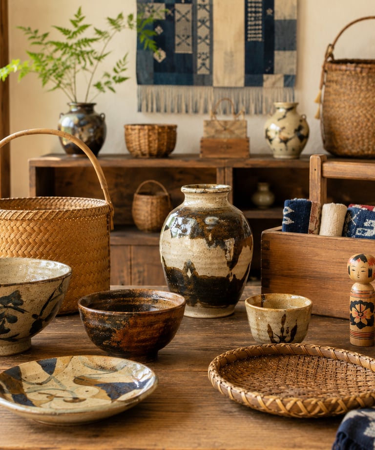 Rustic Japanese pottery, woven bamboo baskets, and kokeshi dolls on a wooden table.