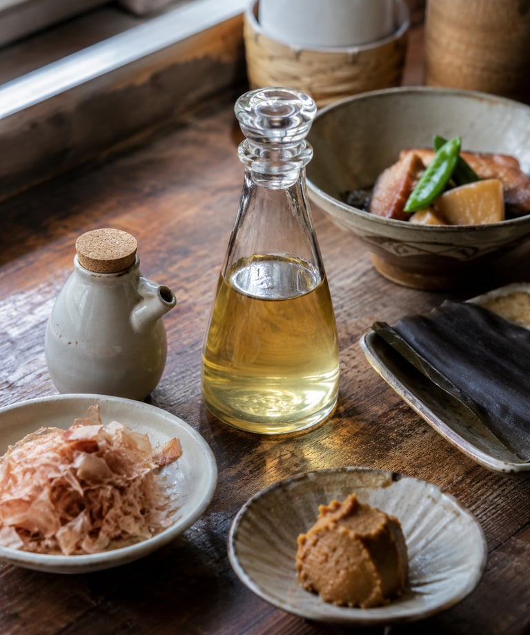 Traditional Japanese cooking ingredients including dashi stock, miso paste, and dried bonito flakes on a rustic table.