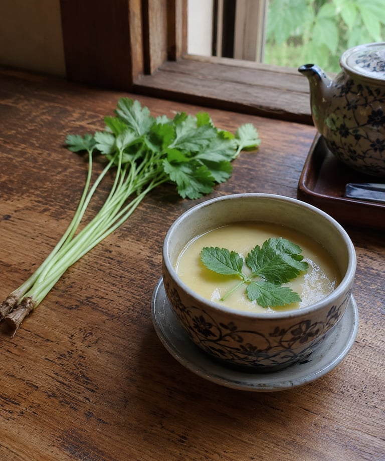 A ceramic bowl of savory Japanese chawanmushi egg custard garnished with fresh mitsuba herbs on a wooden table.