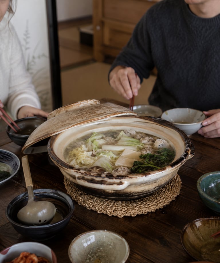 A ceramic donabe pot filled with Japanese nabemono hot pot containing tofu, napa cabbage, and meatballs.