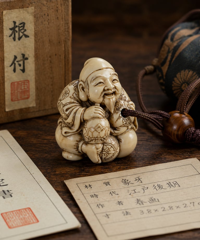 Antique Japanese hand-carved ivory netsuke of a smiling man sitting with traditional wooden storage box.