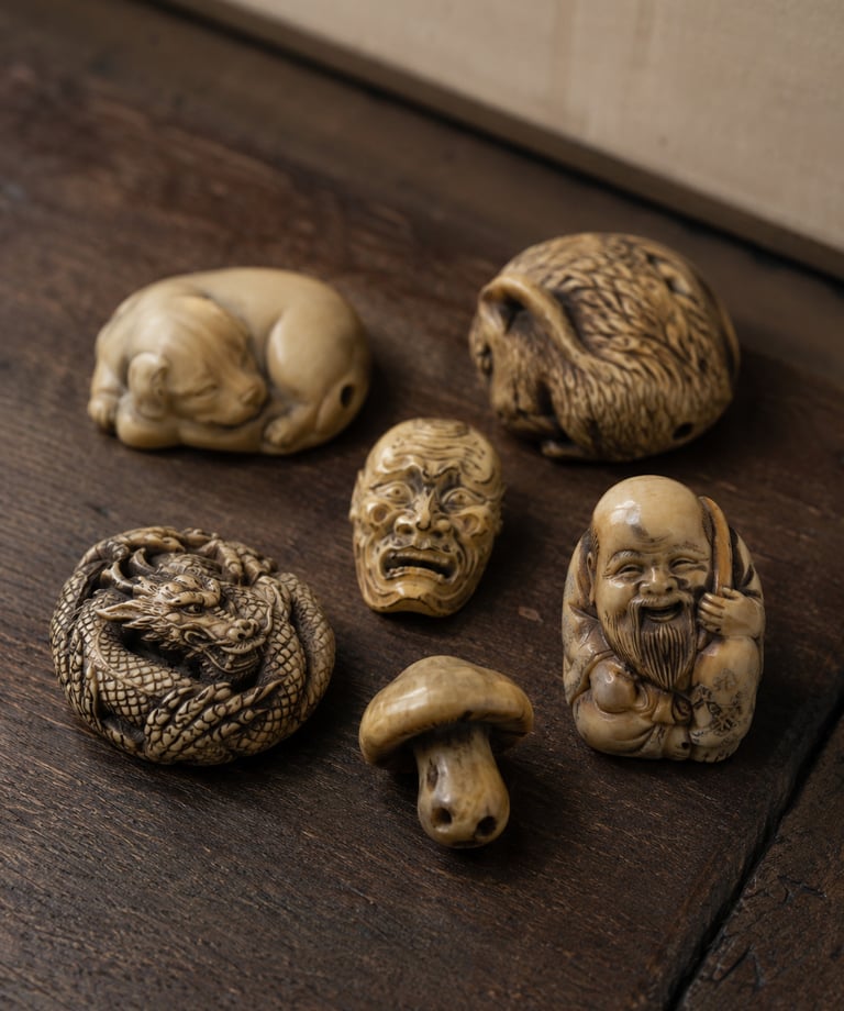 Collection of antique Japanese netsuke carvings featuring a dragon, mask, and figures on wood.