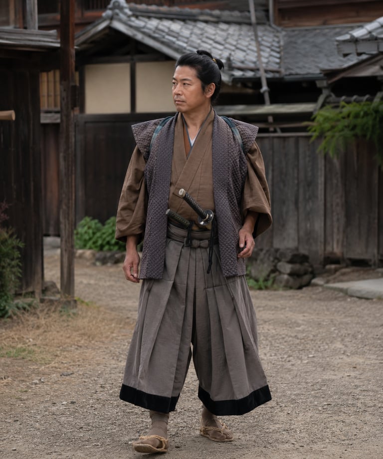 A Japanese samurai wearing a traditional kimono and hakama standing in a historic village.