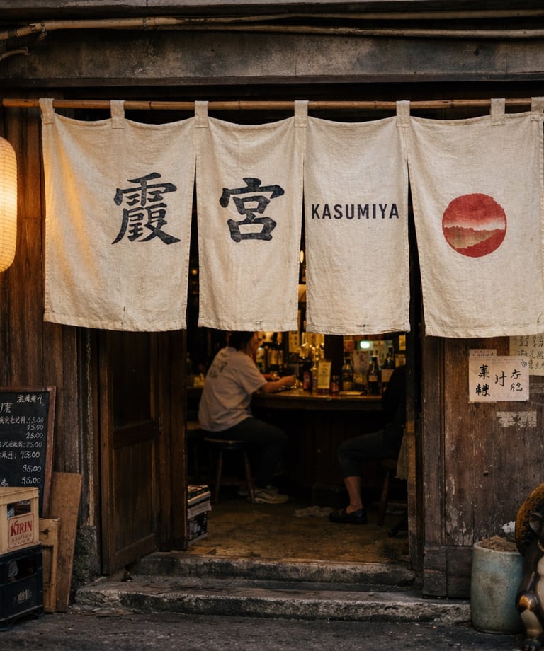 Traditional Japanese izakaya entrance featuring Kasumiya noren curtains and a lit paper lantern.