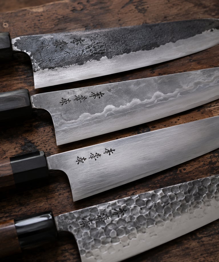 A collection of artisanal Japanese kitchen knives with wooden handles on a rustic wood surface.