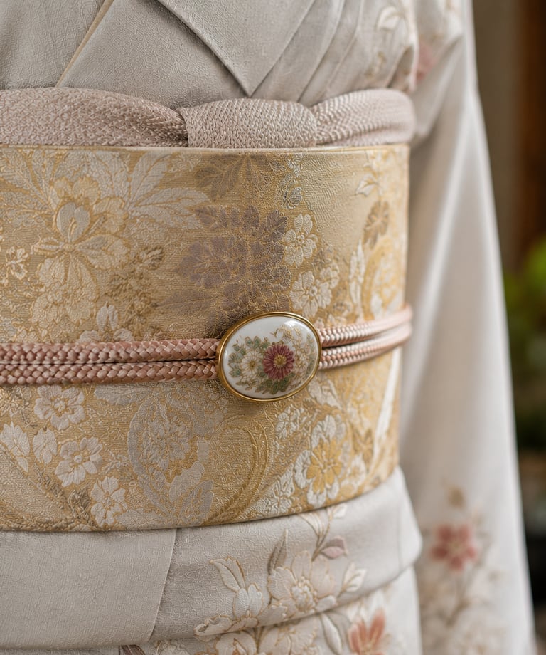 Close-up of a traditional Japanese silk kimono with a floral gold obi belt and decorative obidome accessory.