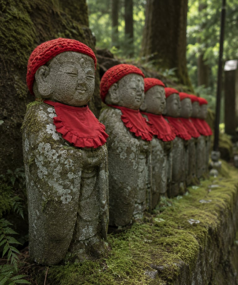 Six Japanese Jizo stone statues wearing red knitted caps and bibs in a mossy forest.