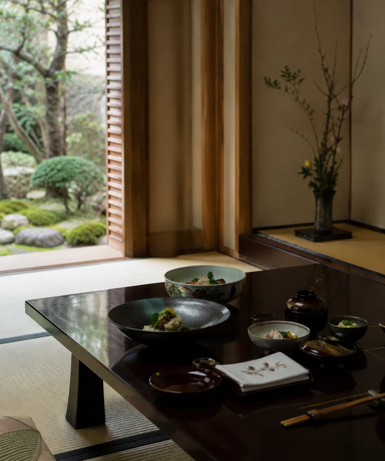 Traditional Japanese kaiseki meal served on a low dark wood table in a room overlooking a Zen garden.