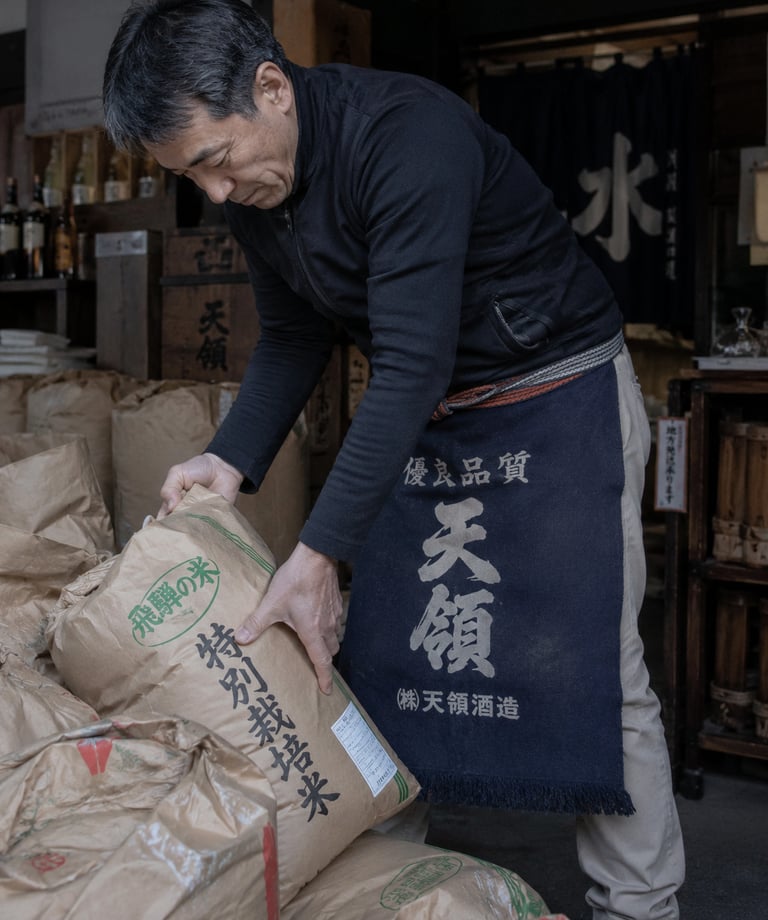 A Japanese worker lifts a heavy sack of rice at a traditional sake brewery in Japan.