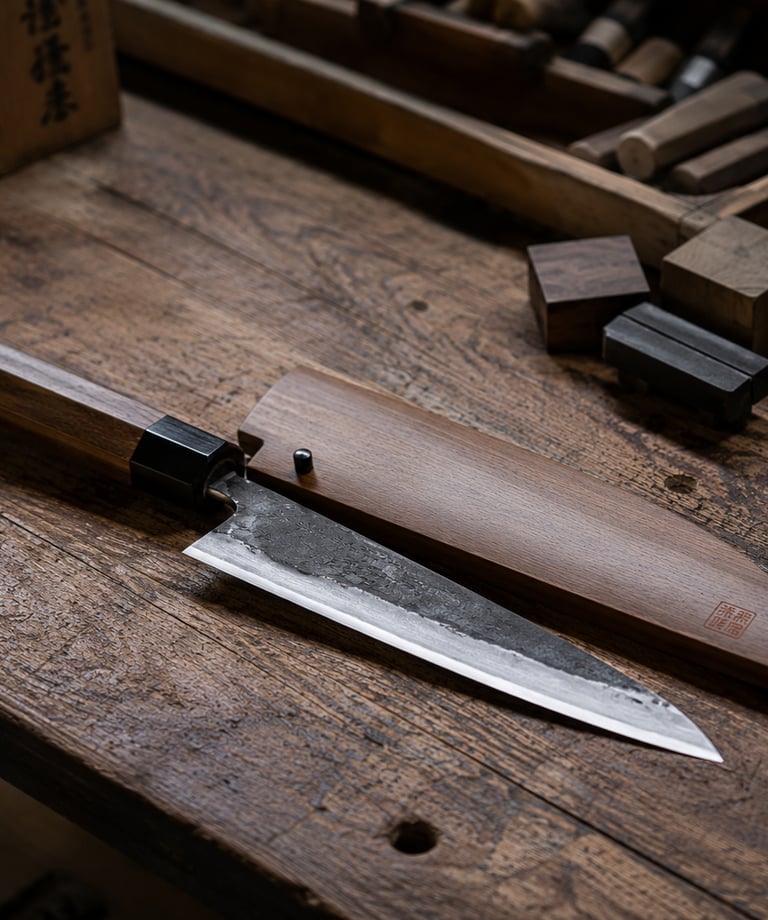 Handcrafted Japanese chef knife with a wooden handle and matching saya sheath on a rustic wood workbench.