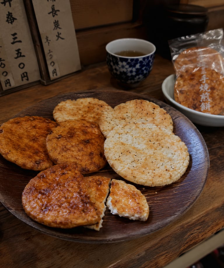 Traditional Japanese senbei rice crackers on a wooden plate with green tea.