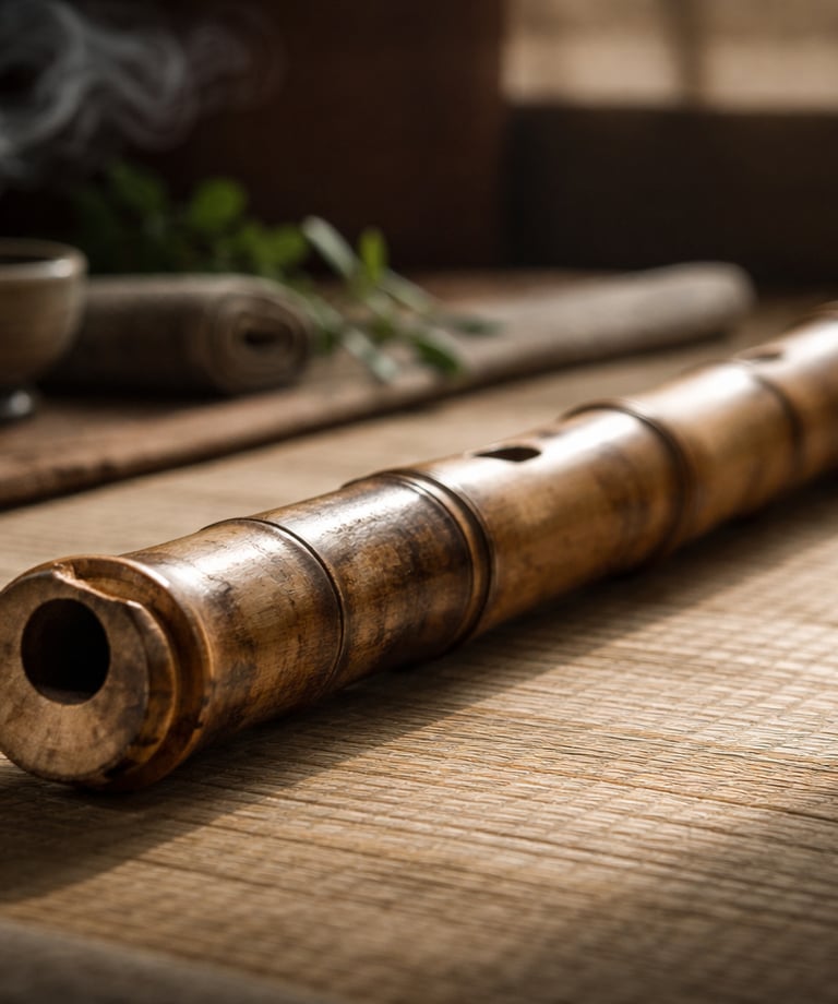 Traditional wooden shakuhachi bamboo flute on a mat with a steaming tea cup.