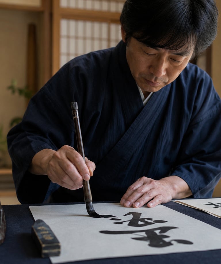 A Japanese calligrapher in a traditional kimono practicing Shodo ink painting with a brush on paper.