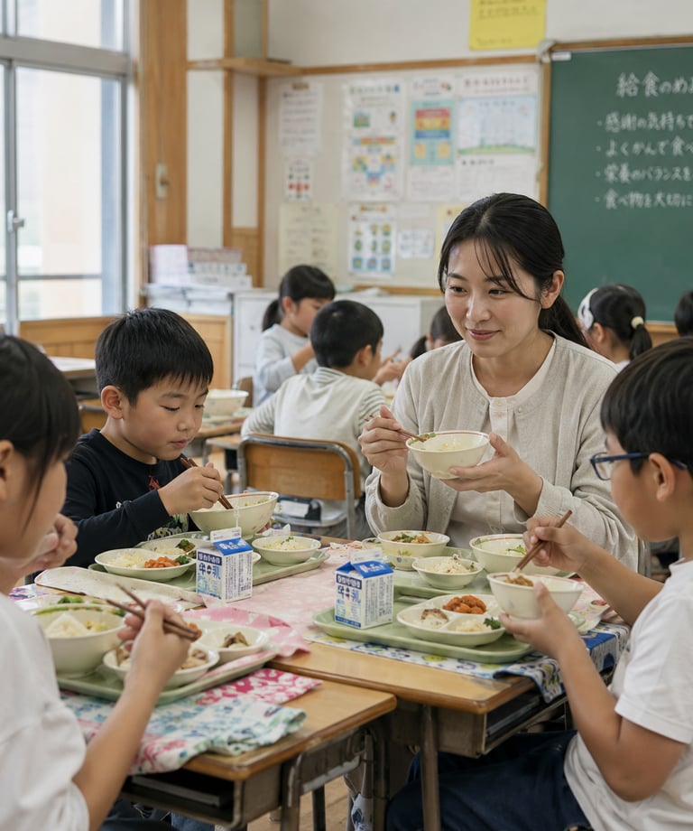 A Japanese elementary school teacher and students eating a nutritious school lunch together in a classroom.