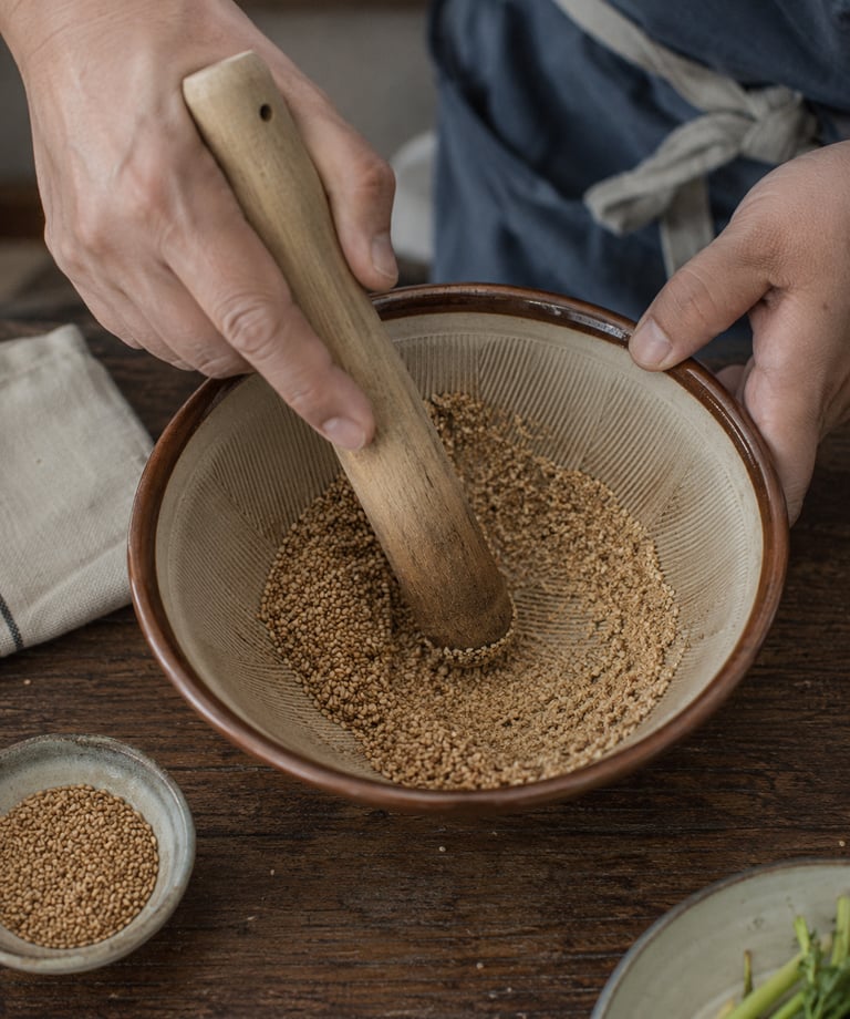 Chef using a wooden pestle to grind toasted sesame seeds in a ceramic Japanese suribachi mortar bowl.