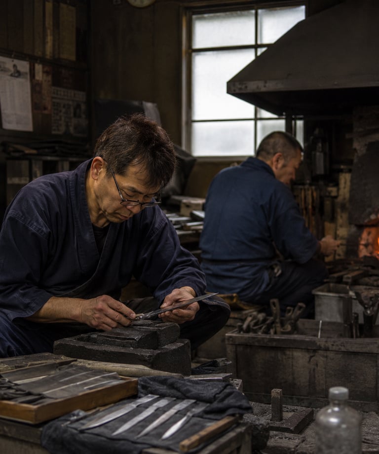 Japanese blacksmith crafting handmade chef knives in a traditional forge workshop.