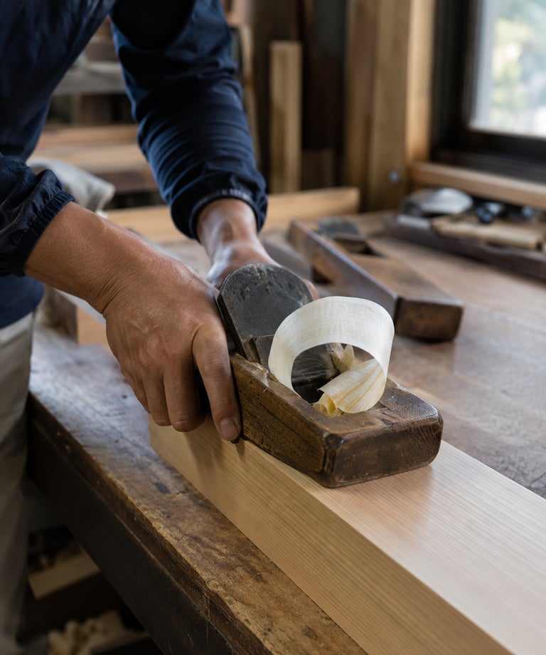 A carpenter uses a traditional wooden hand plane to smooth a timber plank in a woodworking shop.