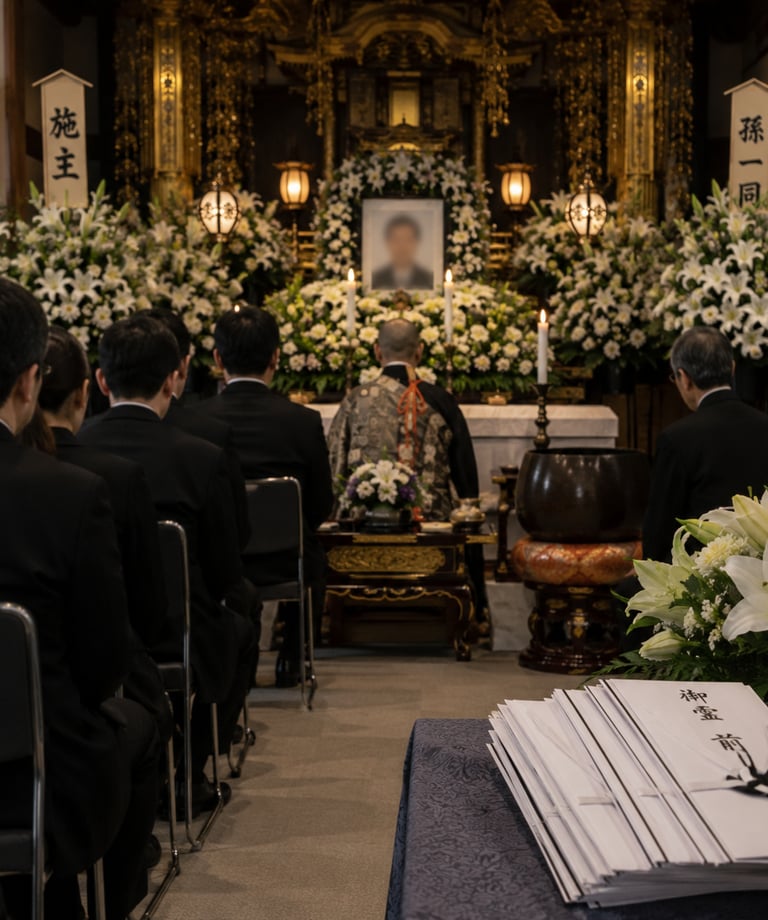 A traditional Japanese Buddhist funeral ceremony with mourners, floral tributes, and a priest at a golden altar.