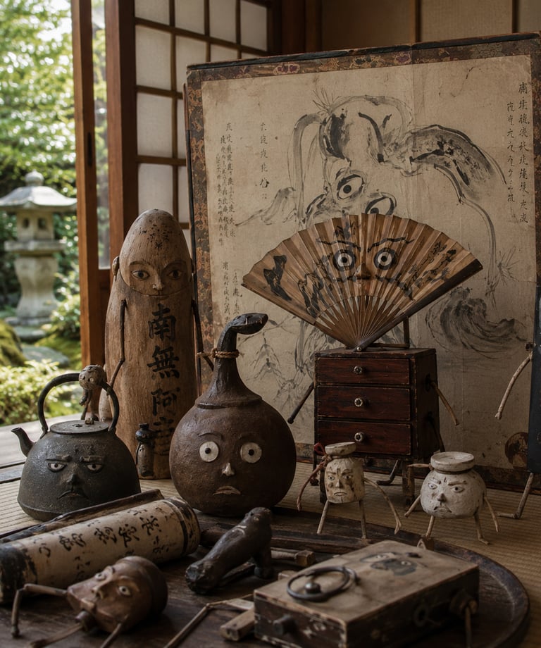 Antique Japanese Tsukumogami folk art figurines and household objects with faces displayed on a tatami mat.