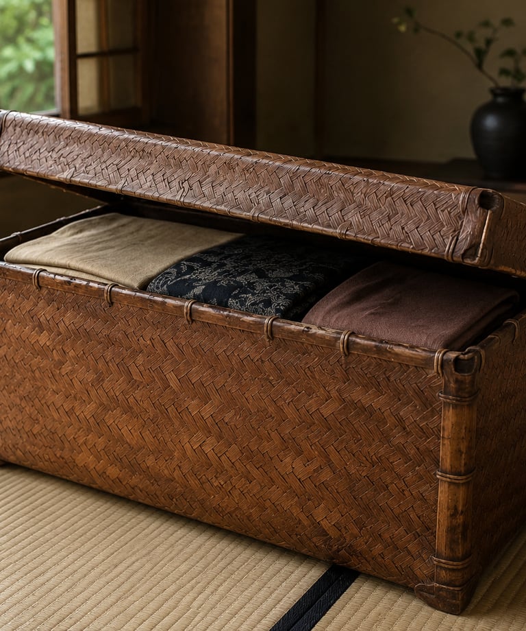 Woven bamboo storage trunk with folded textiles on a traditional Japanese tatami mat.
