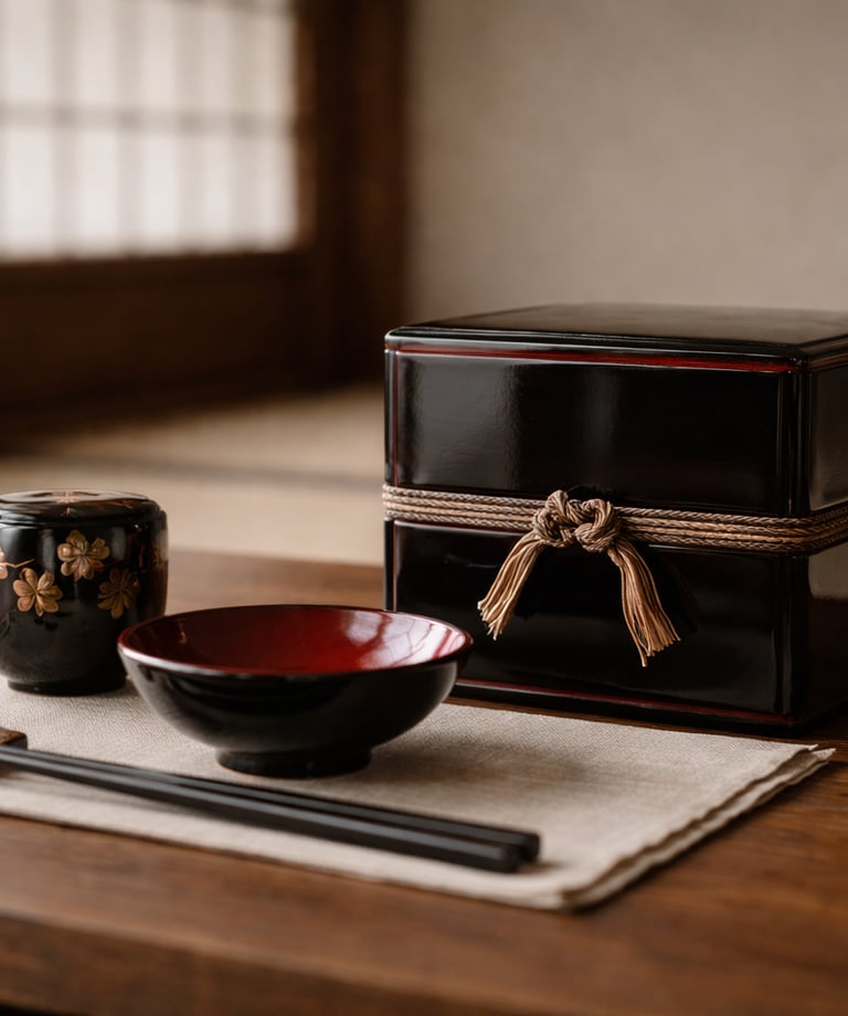Traditional Japanese lacquerware bento box, tea canister, and bowl on a wooden table.