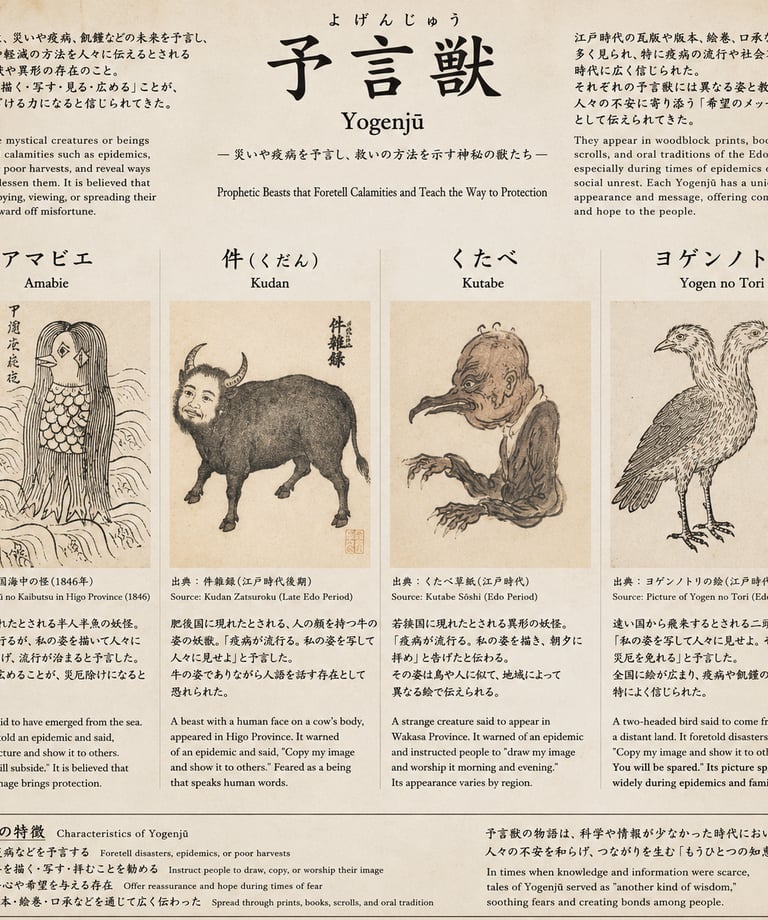 Infographic of Japanese Yogenju prophetic beasts including Amabie and Kudan with historical Edo period illustrations.