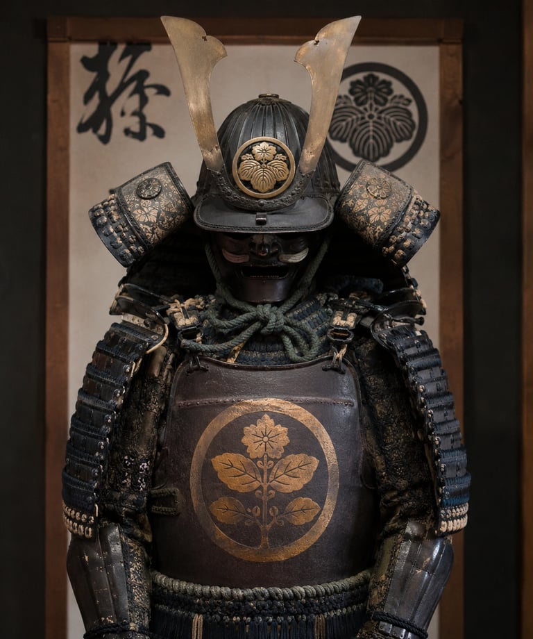 Authentic Japanese samurai armor with a traditional kabuto helmet and floral crest in a museum display.