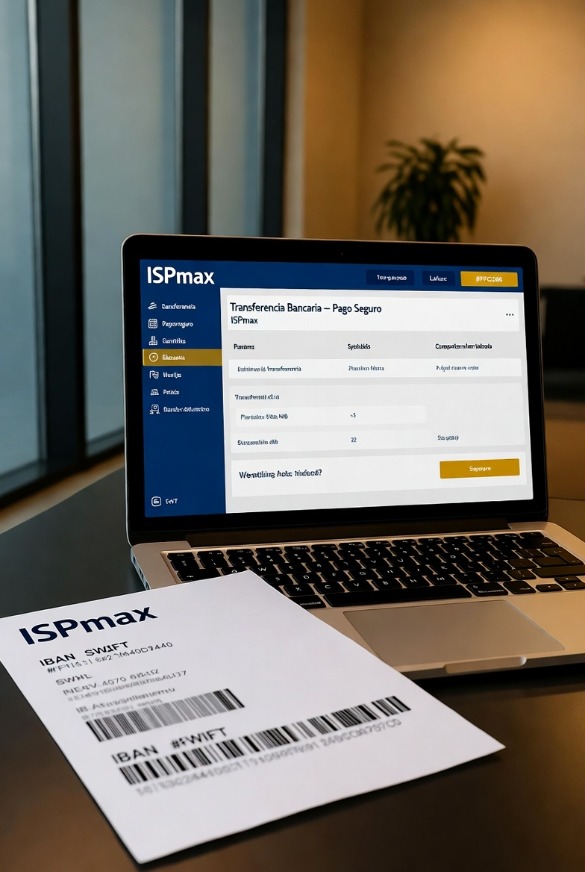 Pantalla de ordenador con formulario de transferencia bancaria y logotipo de ISPmax, mostrando pago 