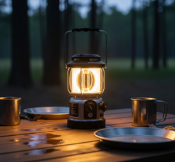 a lantern light on a table at a camping site