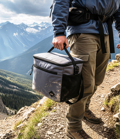 a man in a blue jacket and a backpack carrying thermal food bag