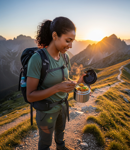 a woman in a backpacker is holding a thermal food container
