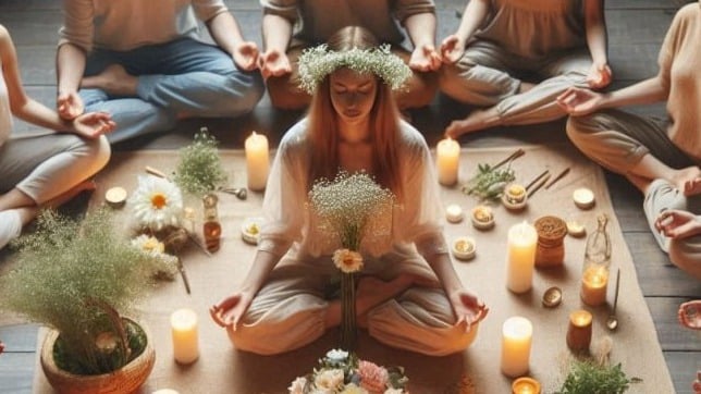 a group of people sitting on a table with candles and candles