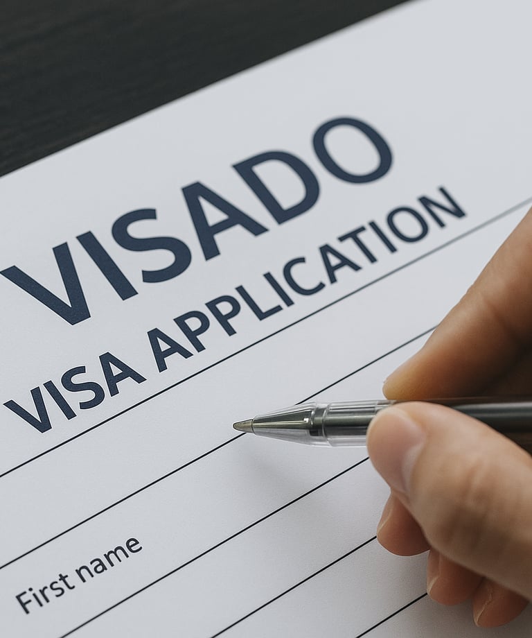 a person holding a pen and writing a visa application