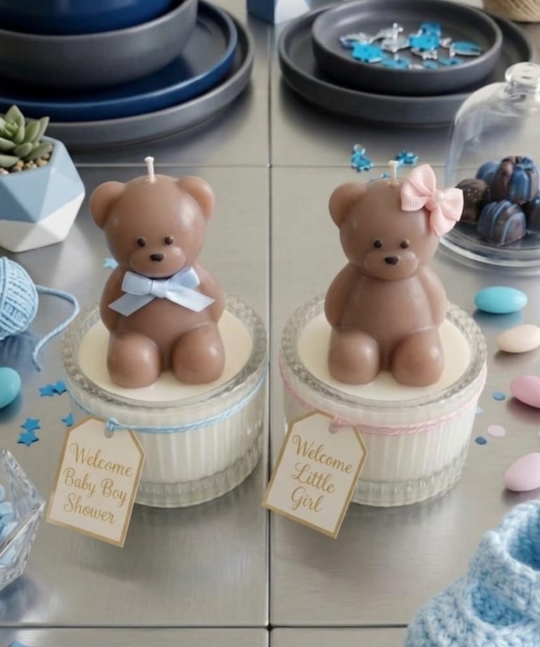 Teddy bear baby shower favor candles for boys and girls with blue and pink bows in glass jars.