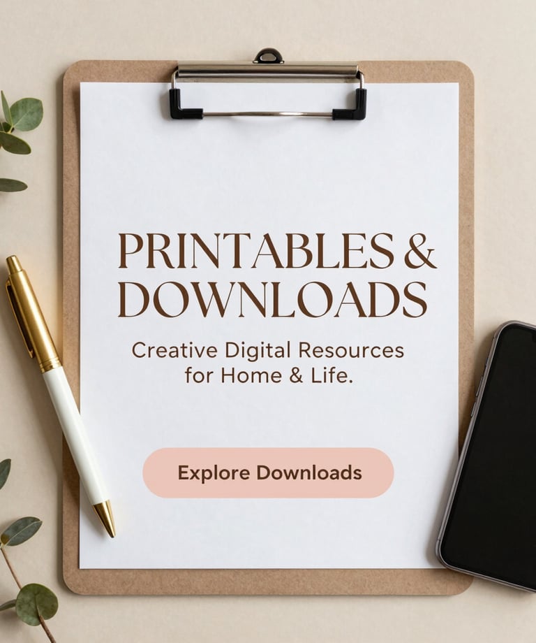 Clipboard with printable and digital resources text, gold pen, smartphone, and eucalyptus stems on a desk.