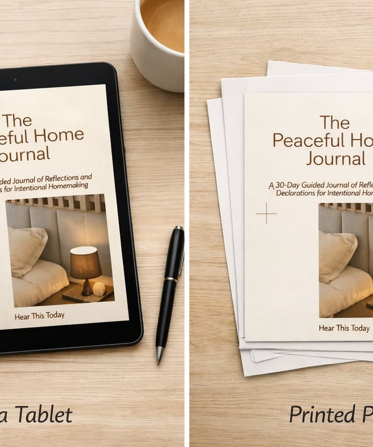 Peaceful Home Journal shown as a digital tablet download and printed pages on a wooden desk