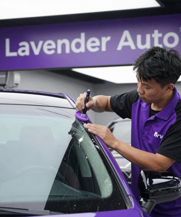 Professional car detailing technician at Lavender Auto cleaning a purple vehicle windshield with a precision brush.