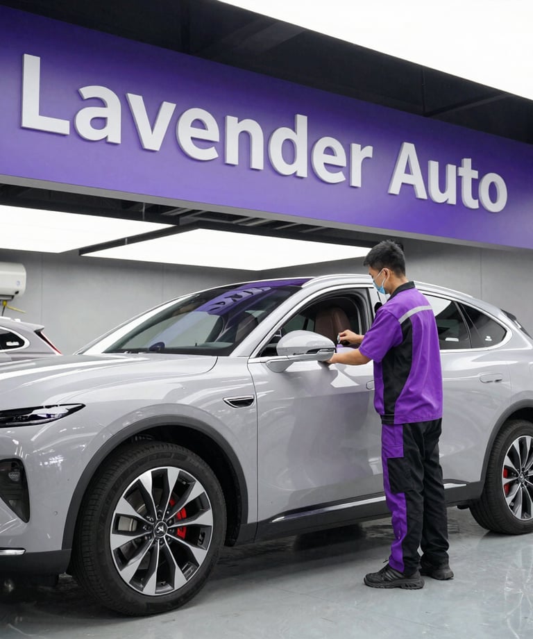 A technician in a purple uniform inspects a silver SUV at Lavender Auto car detailing center.
