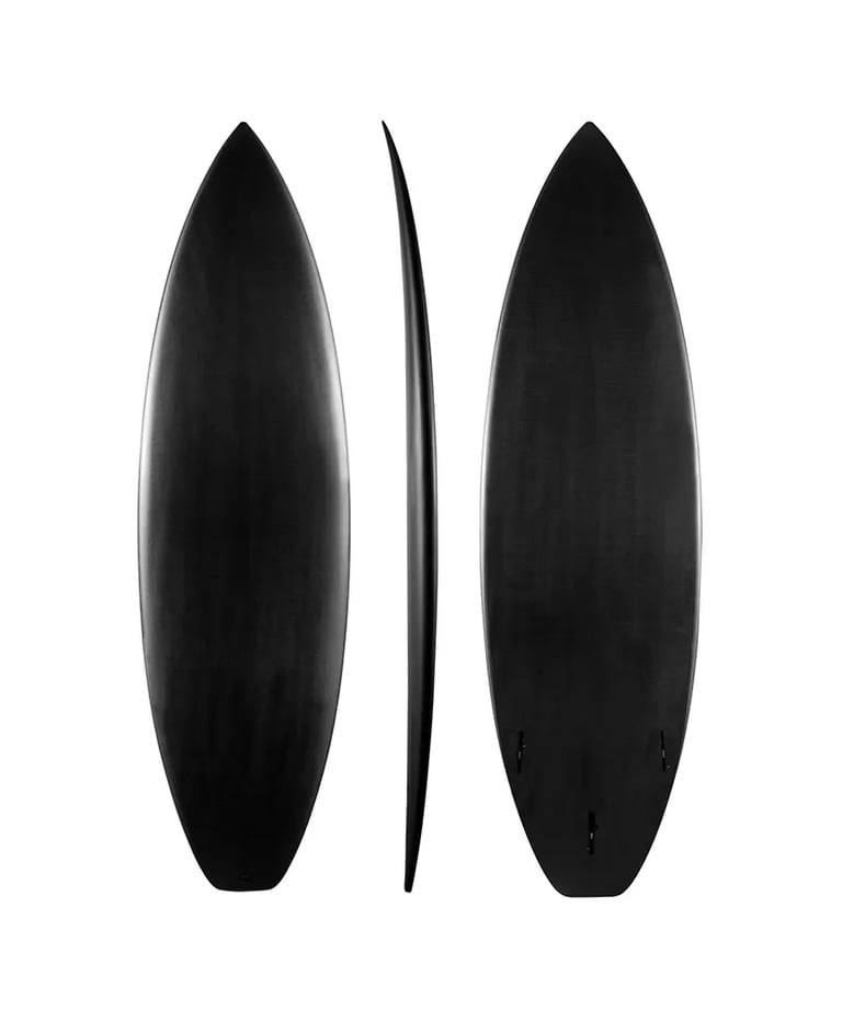 Sleek all-black shortboard surfboard shown from front, back, and side profiles on a white background.