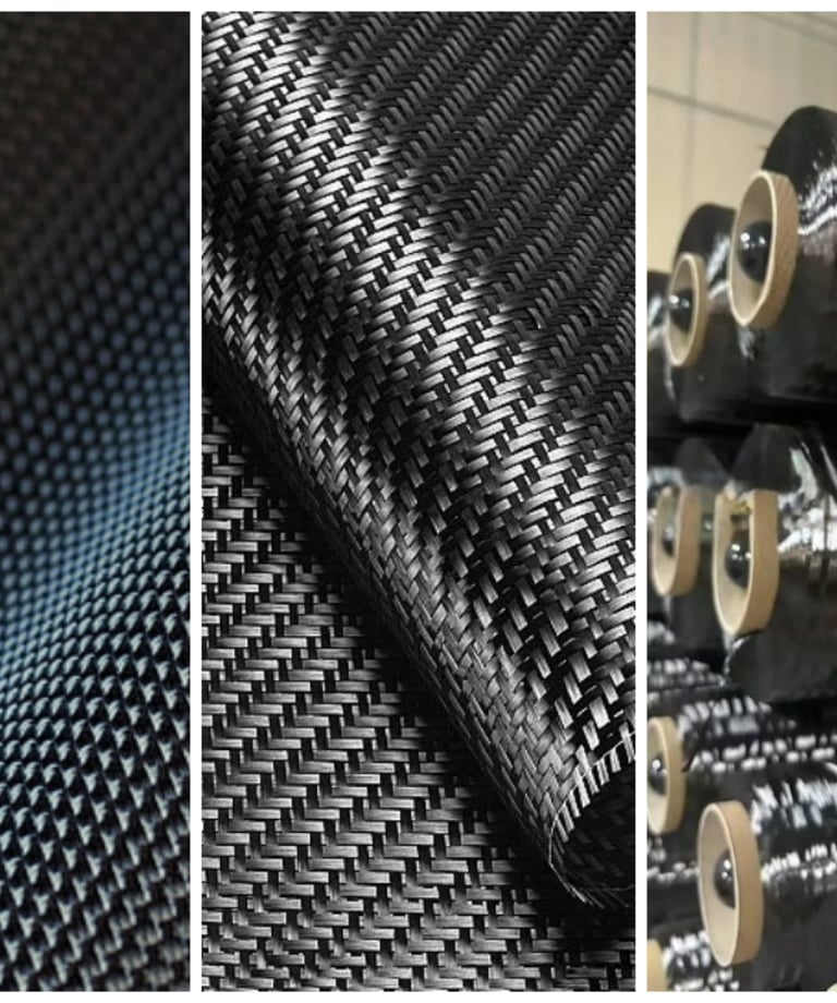 Woven black carbon fiber fabric sheets and industrial composite yarn spools for manufacturing.