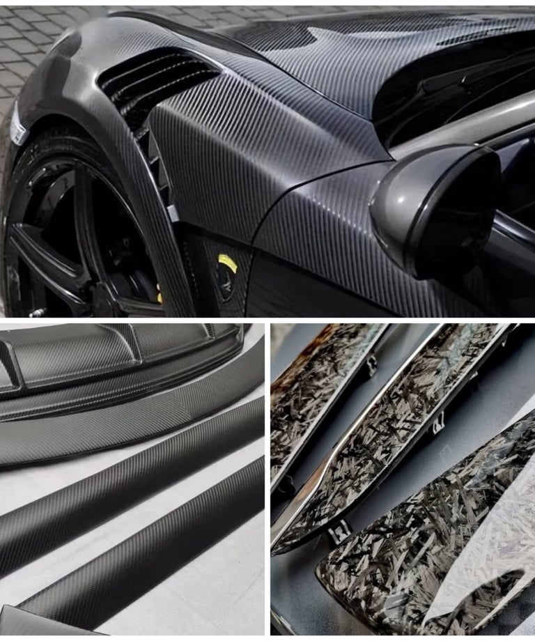 Custom carbon fiber car parts including a fender vent and forged carbon fiber trim pieces.